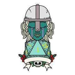 crying orc fighter character with natural one D20 roll illustration