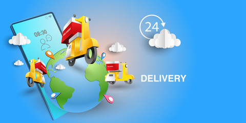 Paper art of delivery by yellow scooter and pinned location world. Origami E-commerce and Online order infographic concept.