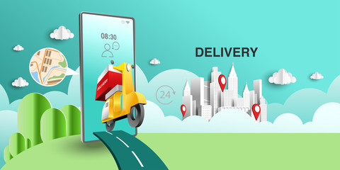 Paper art of delivery by scooter on road with location pinned in the city. Origami E-commerce and Online order infographic concept.