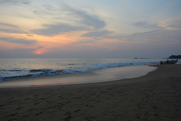 Hikkaduwa, Sri Lanka - March 11, 2019: View from Hikkaduwa Beach to Indian ocean during the sunset