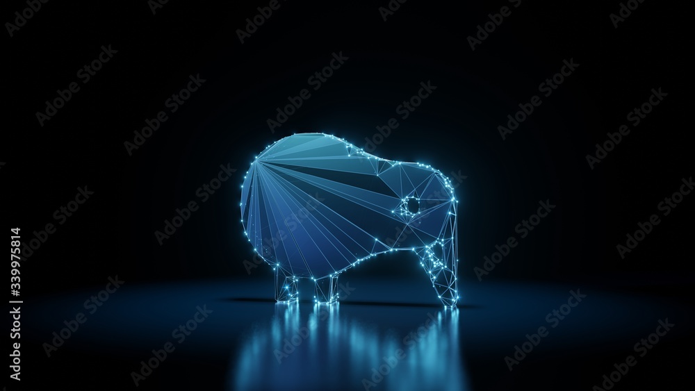 Poster 3d rendering wireframe neon glowing symbol of kiwi bird on black background with reflection