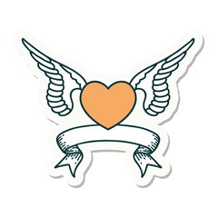 tattoo sticker with banner of a heart with wings
