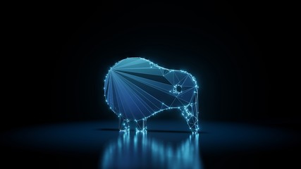 3d rendering wireframe neon glowing symbol of kiwi bird on black background with reflection