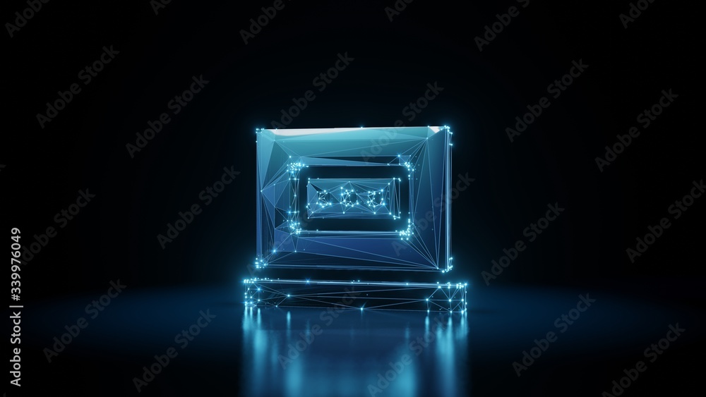 Poster 3d rendering wireframe neon glowing symbol of laptop on black background with reflection