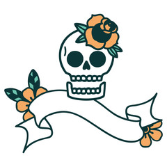tattoo with banner of a skull and rose