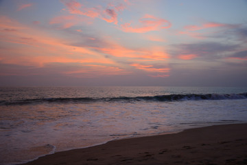 Hikkaduwa, Sri Lanka - March 11, 2019: View from Hikkaduwa Beach to Indian ocean during the sunset