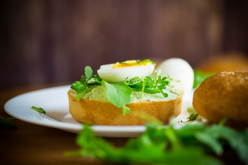 Homemade bun with cheese spread, fresh arugula and boiled egg in a plate