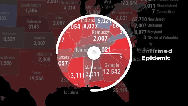 Carte des &eacute;tats unis du virus Corona COVID-19, infection du virus par des compteurs rouge, R&eacute;solution 4k.
