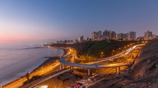 Aerial panoramic view of Lima's Coastline in the neighborhood of Miraflores day to night transition timelapse, Lima, Peru. Road traffic with junction and beach with ocean from Husares De Junin