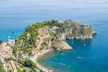 Coastal view of nature reserve of Isola Bella, Taormina, Sicily, Italy