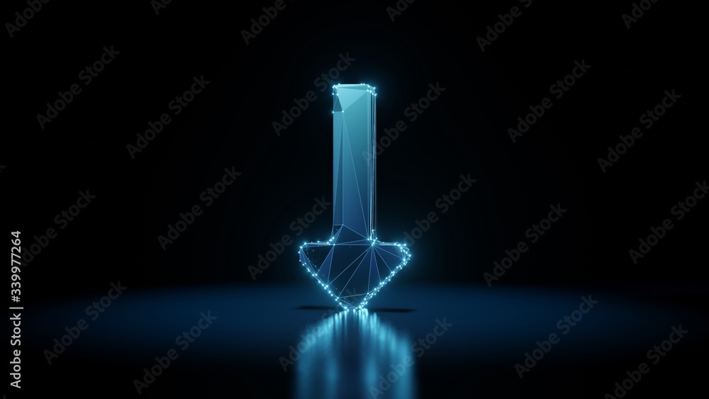 Poster 3d rendering wireframe neon glowing symbol of long arrow down on black background with reflection