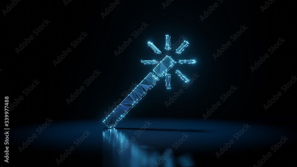 Poster 3d rendering wireframe neon glowing symbol of magic wand on black background with reflection