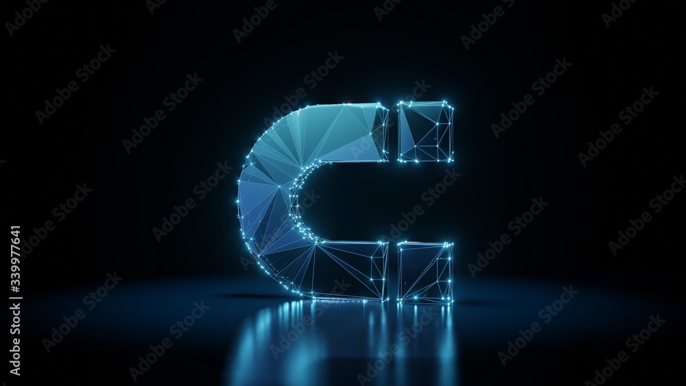 Poster 3d rendering wireframe neon glowing symbol of magnet on black background with reflection