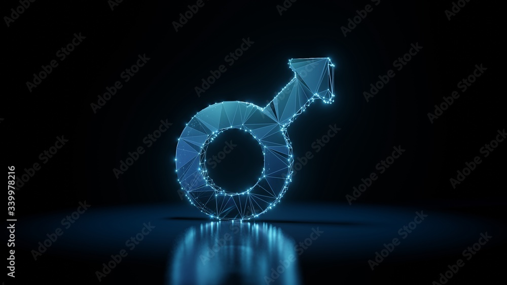 Poster 3d rendering wireframe neon glowing symbol of mars on black background with reflection