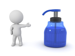 3D Character showing hand sanitizer bottle