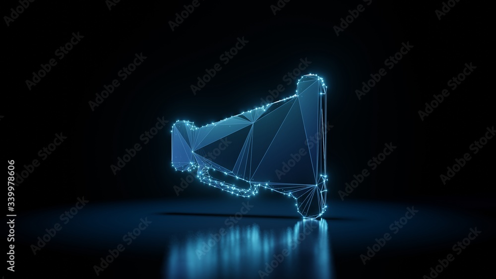 Poster 3d rendering wireframe neon glowing symbol of megaphone on black background with reflection