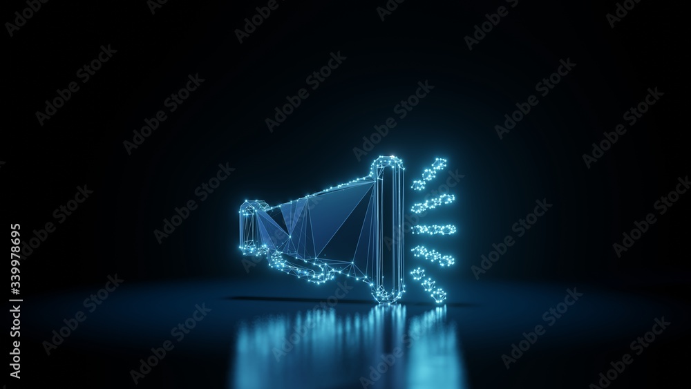 Poster 3d rendering wireframe neon glowing symbol of megaphone on black background with reflection