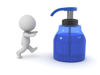 3D Character running towards hand sanitizer