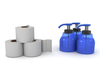 3D Rendering of lots of toilet paper and hand sanitizers