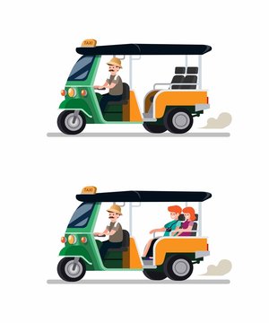 Tuk tuk rickshaw traditional transportation from thailand with driver and tourist couple icon set. Cartoon flat vector illustration