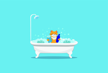A red cat stands in a bathtub filled with foam and soap bubbles, holds a washcloth and shampoo in its paws, hygiene, taking a bath, on a blue background