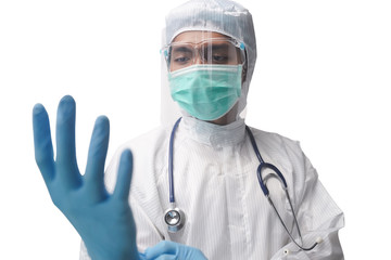 Doctors in the protective suits and masks on white isolate background and clipping mask.