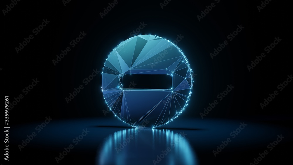 Poster 3d rendering wireframe neon glowing symbol of minus circle on black background with reflection