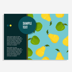 Fresh yellow pear design template. Bright summer background and sample tex for colorful recipe or cookbook.