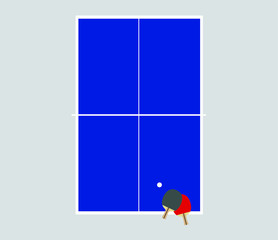 Stylised Ping-Pong table with ball and rackets in bird's eye perspective 