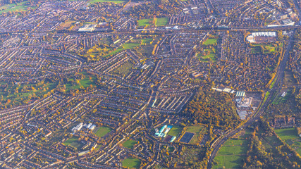 Aerial sunrise view of suburban houses in Edinburgh, Scotland, UK