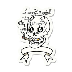 tattoo sticker with banner of a skull smoking