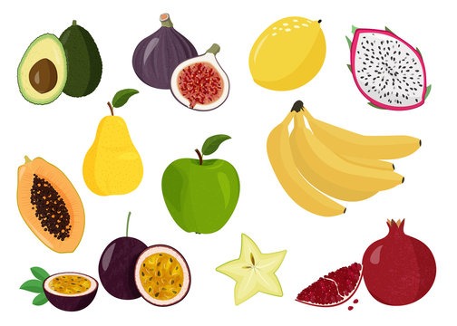 Fresh fruits vector collection. Set of sweet fruits. Lemon, papaya, dragon fruit, pomegranate, passion fruit, banana, star fruit, pear and apple.