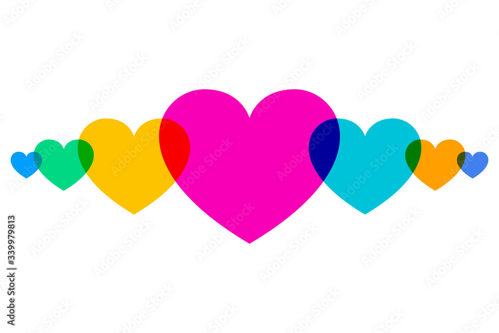 Poster overlapping multicolored heart shapes in a row. heart symbols for use as background or for greeting 