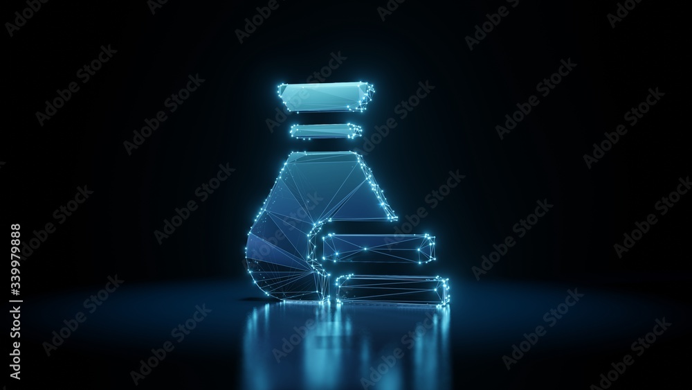 Poster 3d rendering wireframe neon glowing symbol of money bag on black background with reflection