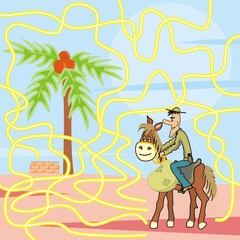 Maze, horse and cowboy on desert with palm and well, vector illustration