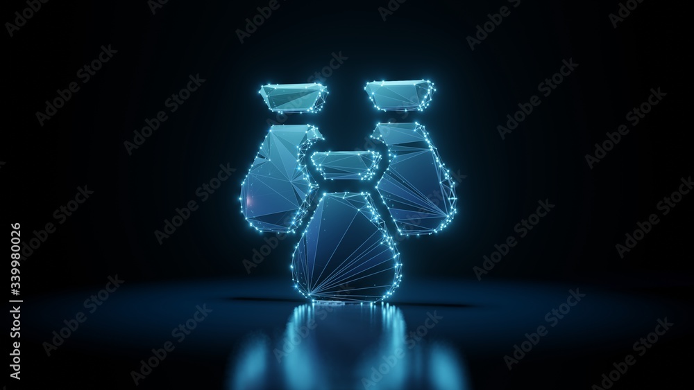 Poster 3d rendering wireframe neon glowing symbol of money bag on black background with reflection