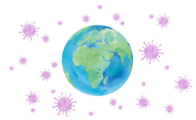 Obraz na płótnie Canvas コロナウィルスに囲まれた地球イメージ：：ヨーロッパ、アフリカ、アジア、アラビア諸国。水彩イラストのトレースベクター