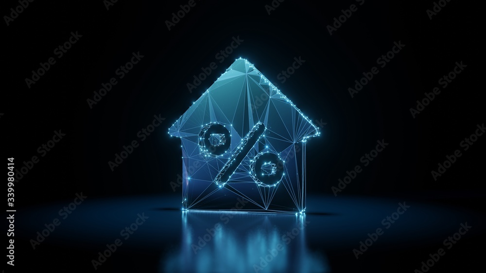 Poster 3d rendering wireframe neon glowing symbol of mortgage on black background with reflection