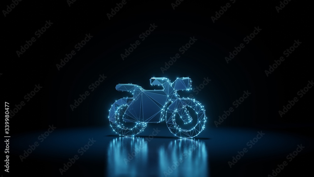 Poster 3d rendering wireframe neon glowing symbol of motorcycle on black background with reflection
