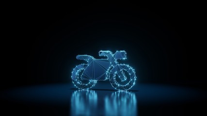 3d rendering wireframe neon glowing symbol of motorcycle on black background with reflection