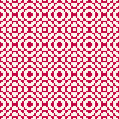 Vector geometric traditional folk ornament. Fair isle seamless pattern. Tribal ethnic motif. Nordic ornamental texture with squares, crosses, embroidery, knitting. Red and white repeating background