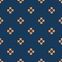 Obraz premium Vector minimalist geometric seamless pattern with simple cross shapes, small elements. Abstract background texture, repeat tiles. Deep blue and orange color. Minimal design for decor, package, print