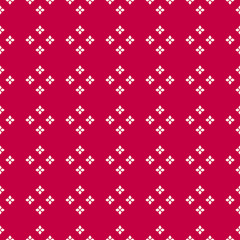 Vector minimalist floral texture. Simple red and white geometric seamless pattern with small flower shapes, tiny petals, diamonds, rhombuses. Subtle abstract repeat background. Ornate festive design