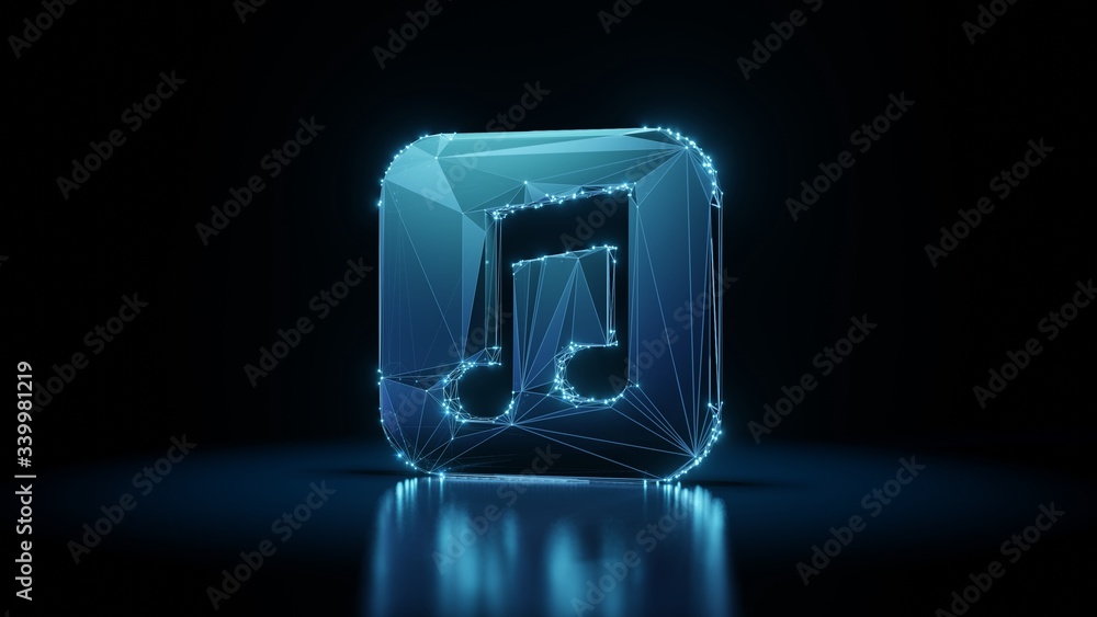 Poster 3d rendering wireframe neon glowing symbol of music on black background with reflection