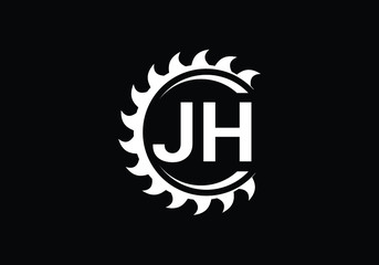 Professional JH Letter Logo Design with Circular Saw Blade in Black and White