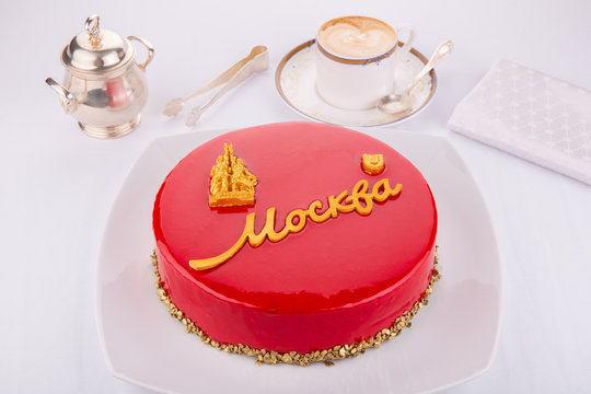 Cake red Moscow, with chocolate glaze and chocolate gold crumb