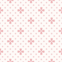 Simple minimalist floral texture. Geometric seamless pattern with small flower silhouettes, petals, leaves. Subtle vector abstract background. Pink and white minimal ornament. Delicate repeat design
