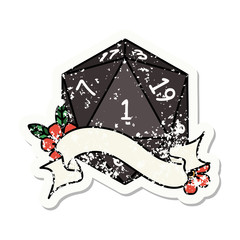 natural one d20 dice roll grunge sticker