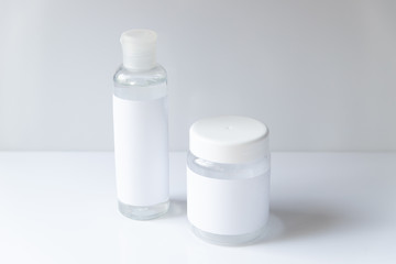 Cosmetic bottle for liquid, cream, gel, lotion. Hand sanitizer. Organic natural science beauty product