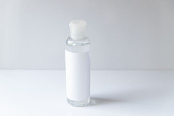 Cosmetic bottle for liquid, cream, gel, lotion. Hand sanitizer. Organic natural science beauty product